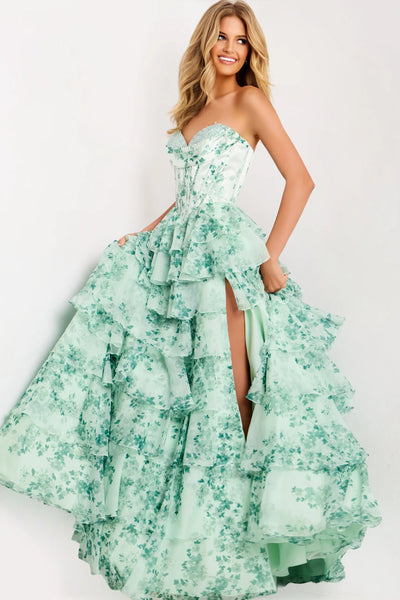Floral Strapless Corset Prom Dress with Tiered Ruffle Skirt High Slit & Lace-Up Back by Jovani 48772