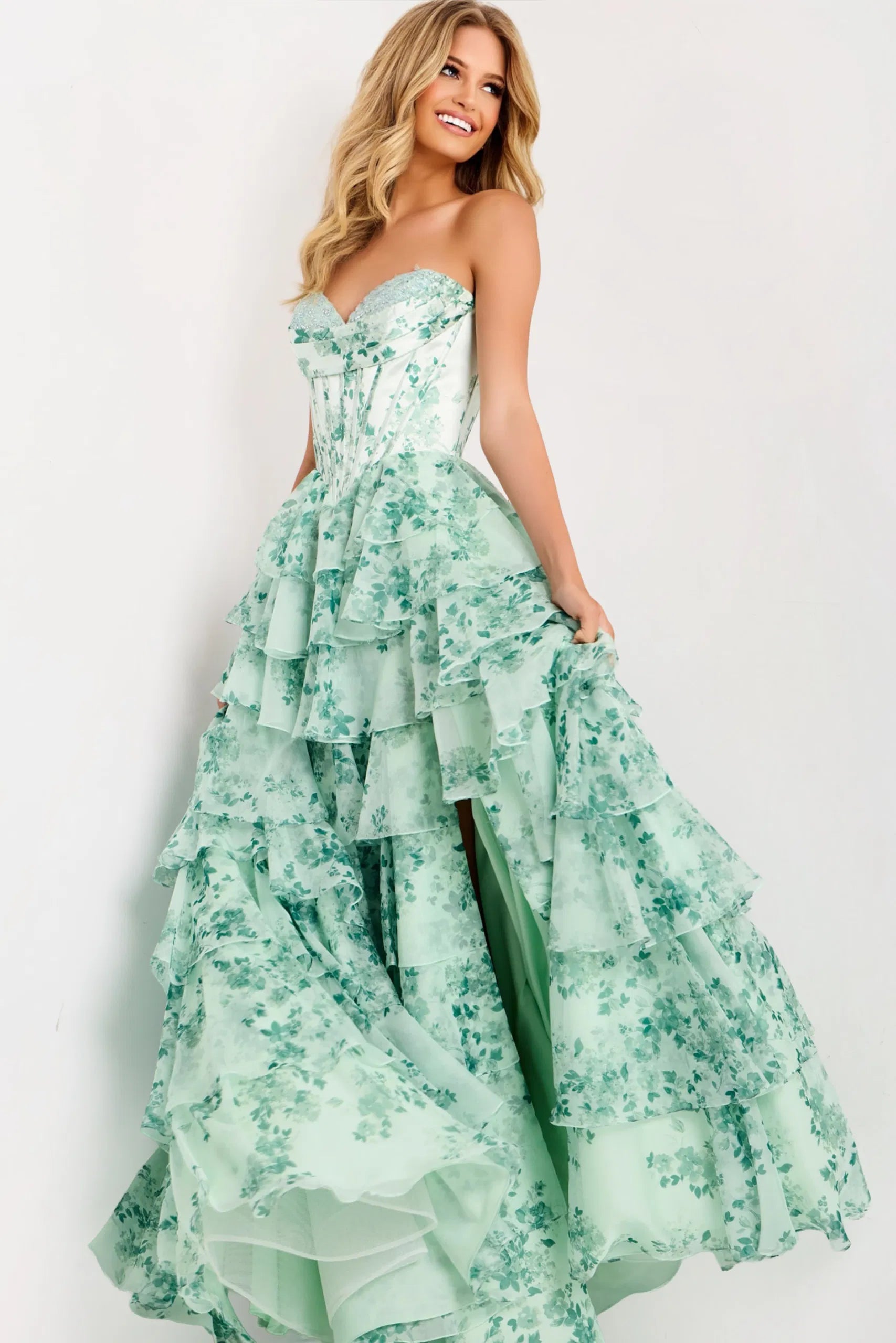Floral Strapless Corset Prom Dress with Tiered Ruffle Skirt High Slit & Lace-Up Back by Jovani 48772