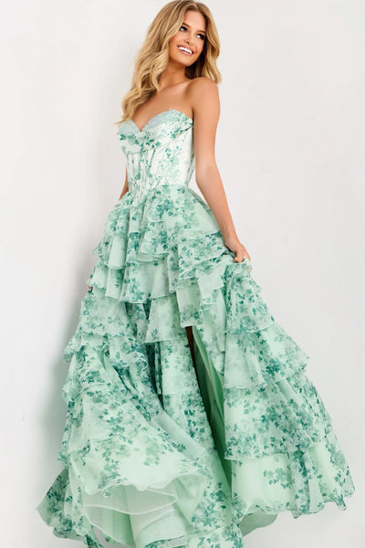 Floral Strapless Corset Prom Dress with Tiered Ruffle Skirt High Slit & Lace-Up Back by Jovani 48772