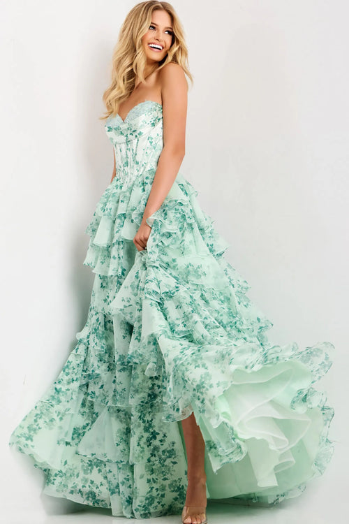 Floral Strapless Corset Prom Dress with Tiered Ruffle Skirt High Slit & Lace-Up Back by Jovani 48772