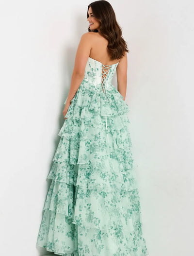 Floral Strapless Corset Prom Dress with Tiered Ruffle Skirt High Slit & Lace-Up Back by Jovani 48772