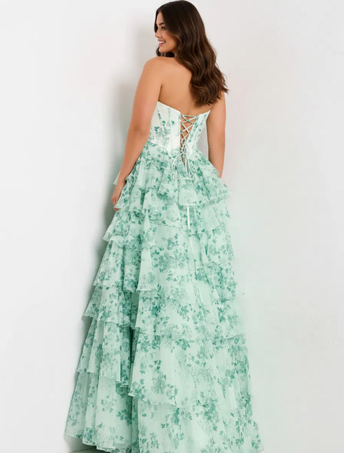 Floral Strapless Corset Prom Dress with Tiered Ruffle Skirt High Slit & Lace-Up Back by Jovani 48772