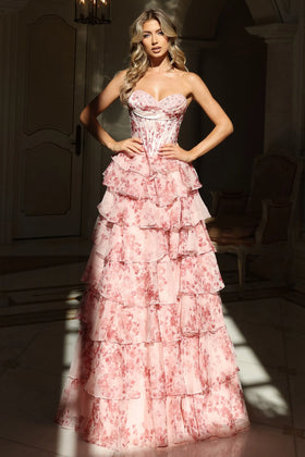 Floral Strapless Corset Prom Dress with Tiered Ruffle Skirt High Slit & Lace-Up Back by Jovani 48772