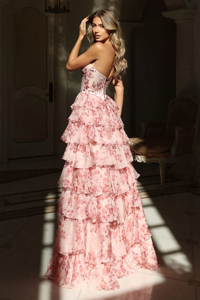 Floral Strapless Corset Prom Dress with Tiered Ruffle Skirt High Slit & Lace-Up Back by Jovani 48772