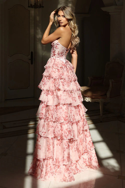 Floral Strapless Corset Prom Dress with Tiered Ruffle Skirt High Slit & Lace-Up Back by Jovani 48772
