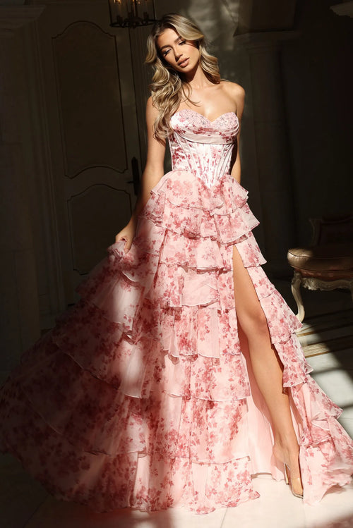 Floral Strapless Corset Prom Dress with Tiered Ruffle Skirt High Slit & Lace-Up Back by Jovani 48772