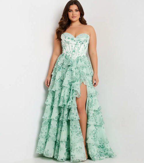 Floral Strapless Corset Prom Dress with Tiered Ruffle Skirt High Slit & Lace-Up Back by Jovani 48772