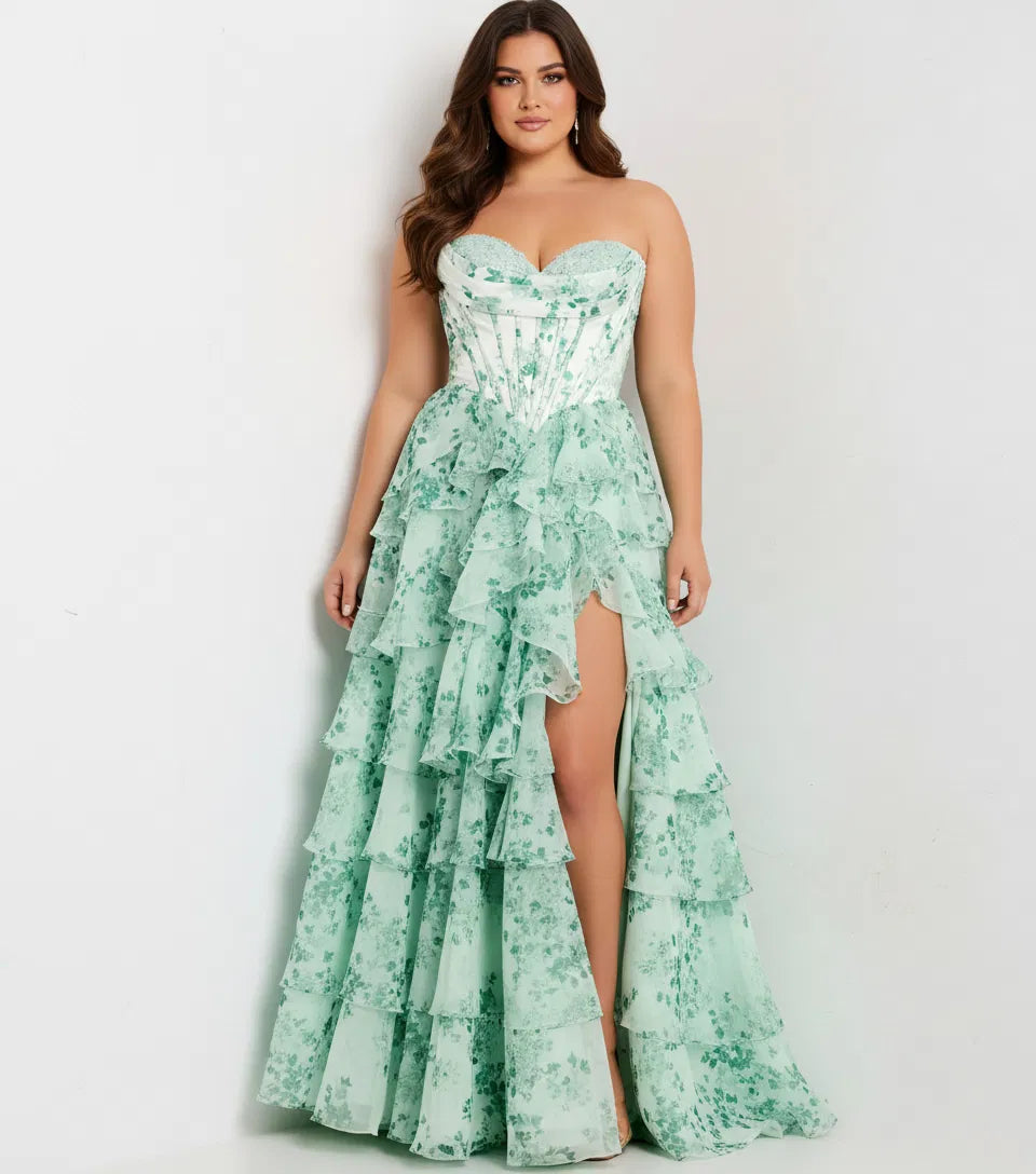 Floral Strapless Corset Prom Dress with Tiered Ruffle Skirt High Slit & Lace-Up Back by Jovani 48772