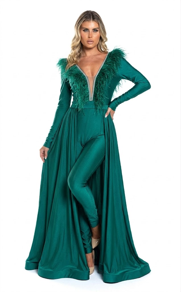 Feather Trim Long Sleeve Jumpsuit Gown with Deep V-Neck & Flowing Overskirt by Jessica Angel 864