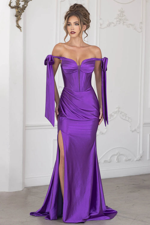 Satin Off-Shoulder Corset Gown with Bow Sleeves and High Slit By Lenovia 8401