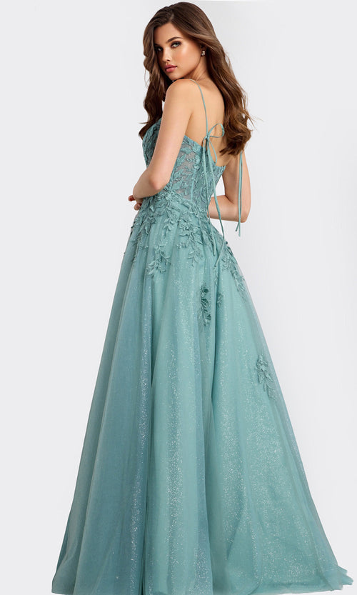 Floral Appliqué A-Line Sparkle Tulle with Sheer Lace Bodice by Jovani 49092