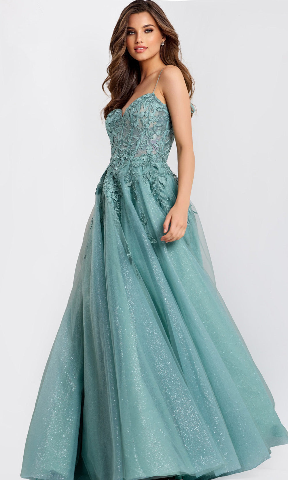 Floral Appliqué A-Line Sparkle Tulle with Sheer Lace Bodice by Jovani 49092