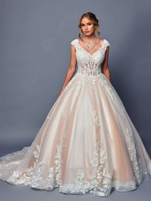 DeKlaire Bridal 490 Wedding Dress A-Line Cap Sleeve Chapel Train