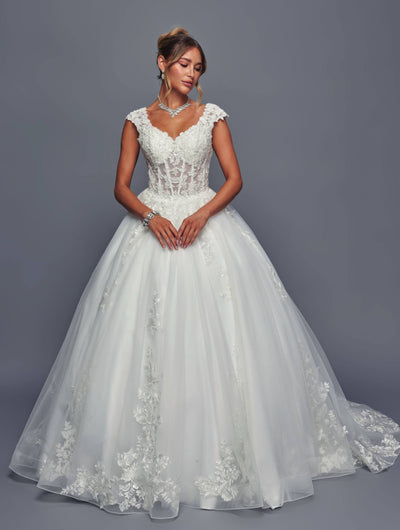 DeKlaire Bridal 490 Wedding Dress A-Line Cap Sleeve Chapel Train