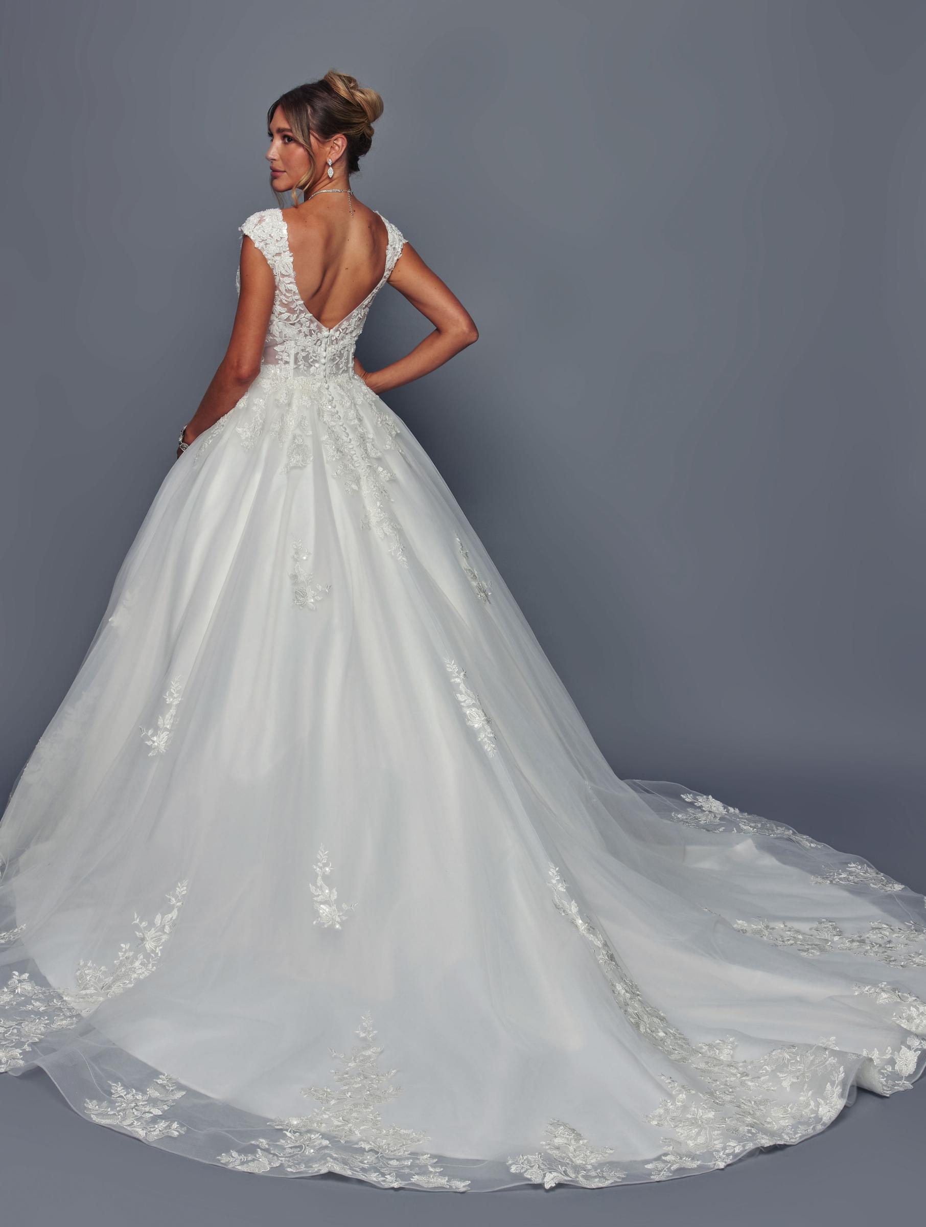 DeKlaire Bridal 490 Wedding Dress A-Line Cap Sleeve Chapel Train