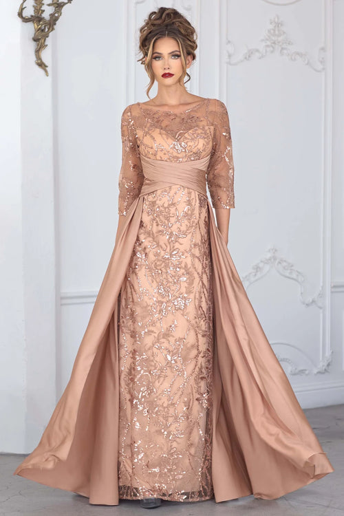 Lenovia 8355 Embroidered 3/4 Sleeve Sateen & Sequin Mother of the Bride Dress