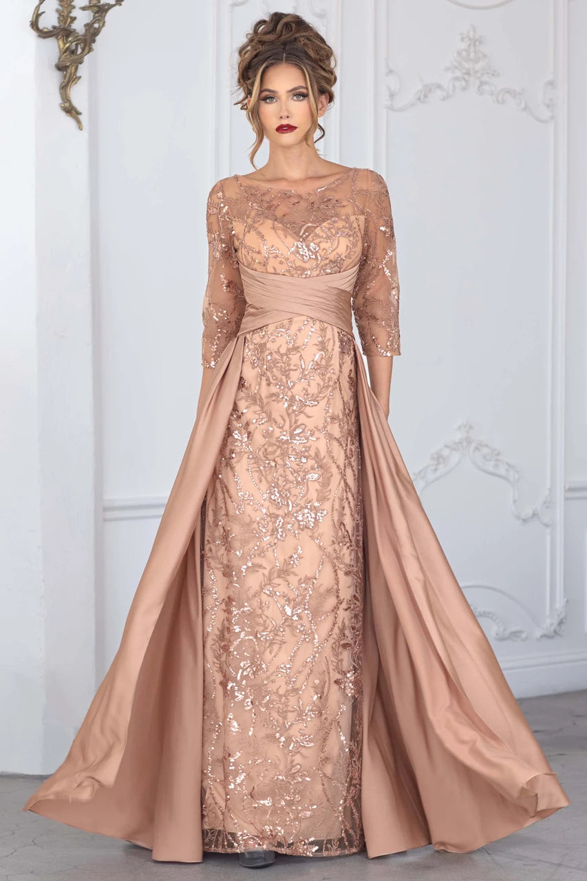 Lenovia 8355 Embroidered 3/4 Sleeve Sateen & Sequin Mother of the Bride Dress