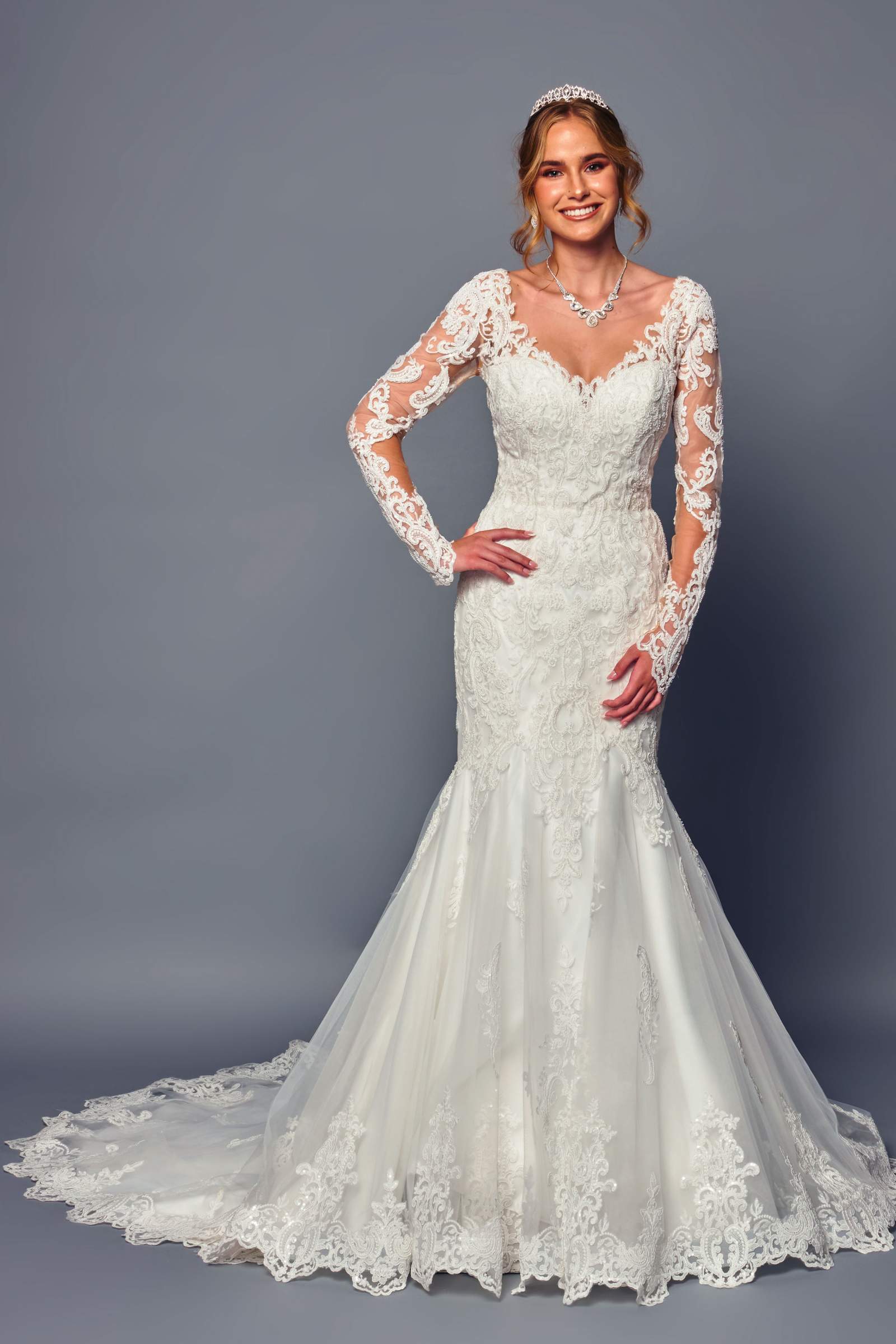 slim fit dress slacks Elegant Modest Lace Wedding Dress With Scallop Lace V-Neck And Cap Sle –  ieie main image 0