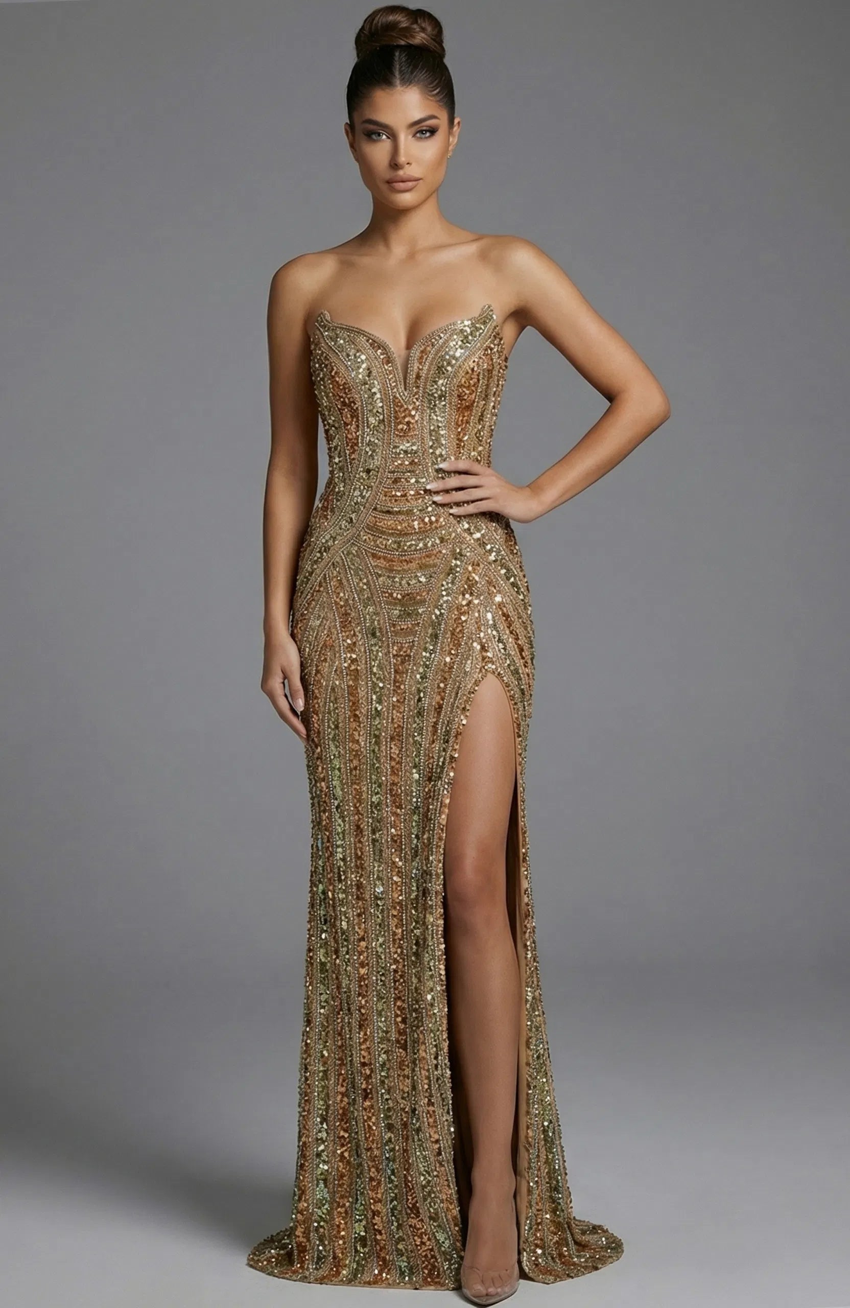 Sequin Strapless Corset Prom Dress with Sweetheart Neckline High Slit Beaded Dress by Jovani 49232