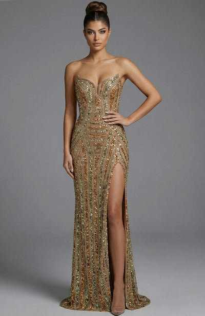 Sequin Strapless Corset Prom Dress with Sweetheart Neckline High Slit Beaded Dress by Jovani 49232
