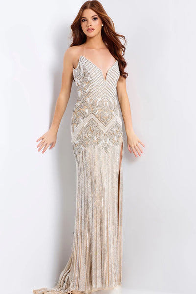 Strapless Beaded Evening Gown with Sweetheart Neckline & High Slit by Jovani 49248