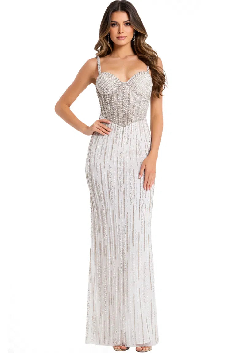 Beaded Corset Evening Gown with Spaghetti Straps Long Fitted Formal Dress by Jovani 49367