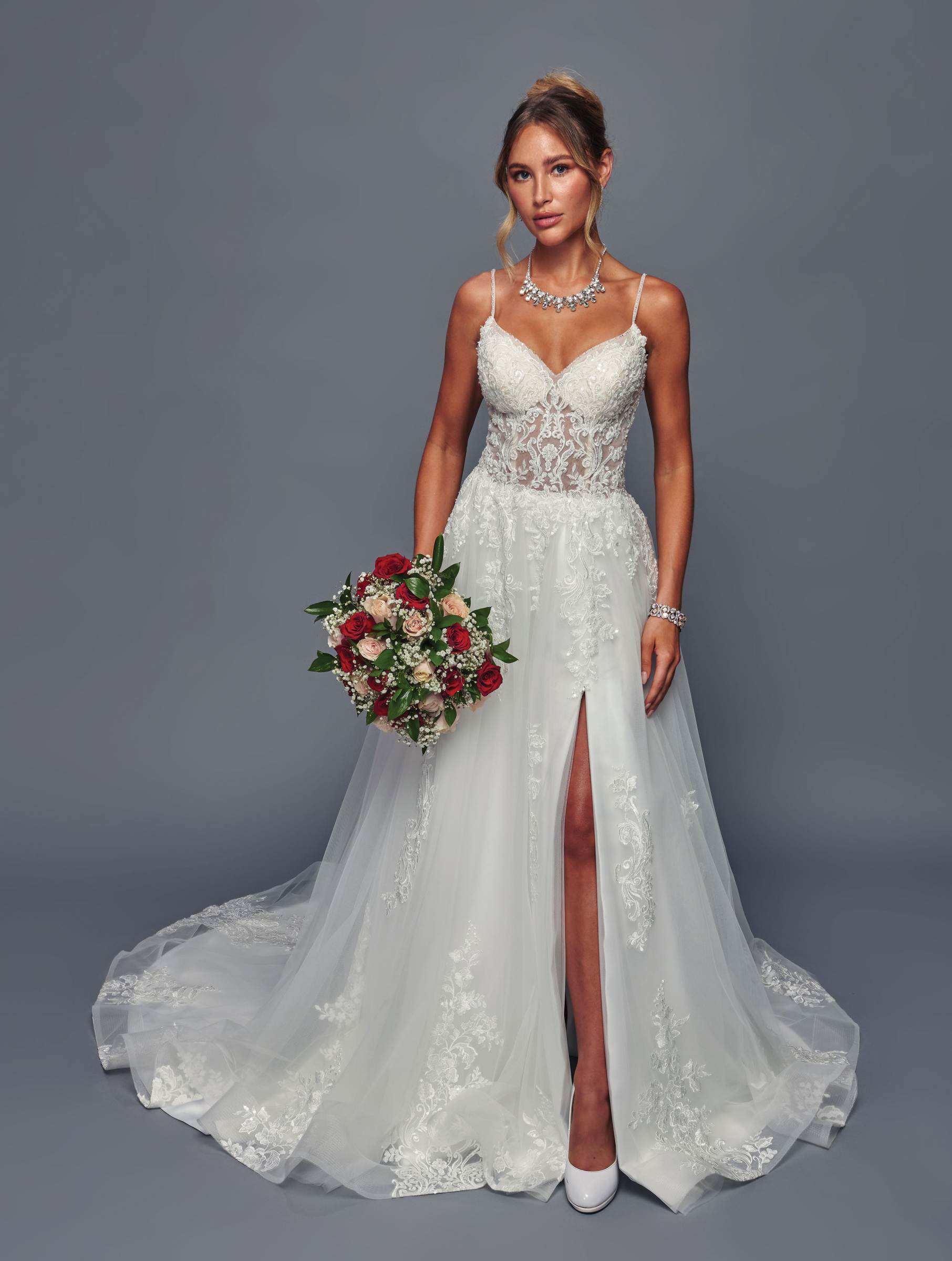 a line classic wedding dress A-line V Neck Sweep Train Jacquard Wedding Dress with Pockets S3096W - Wedding  Dresses