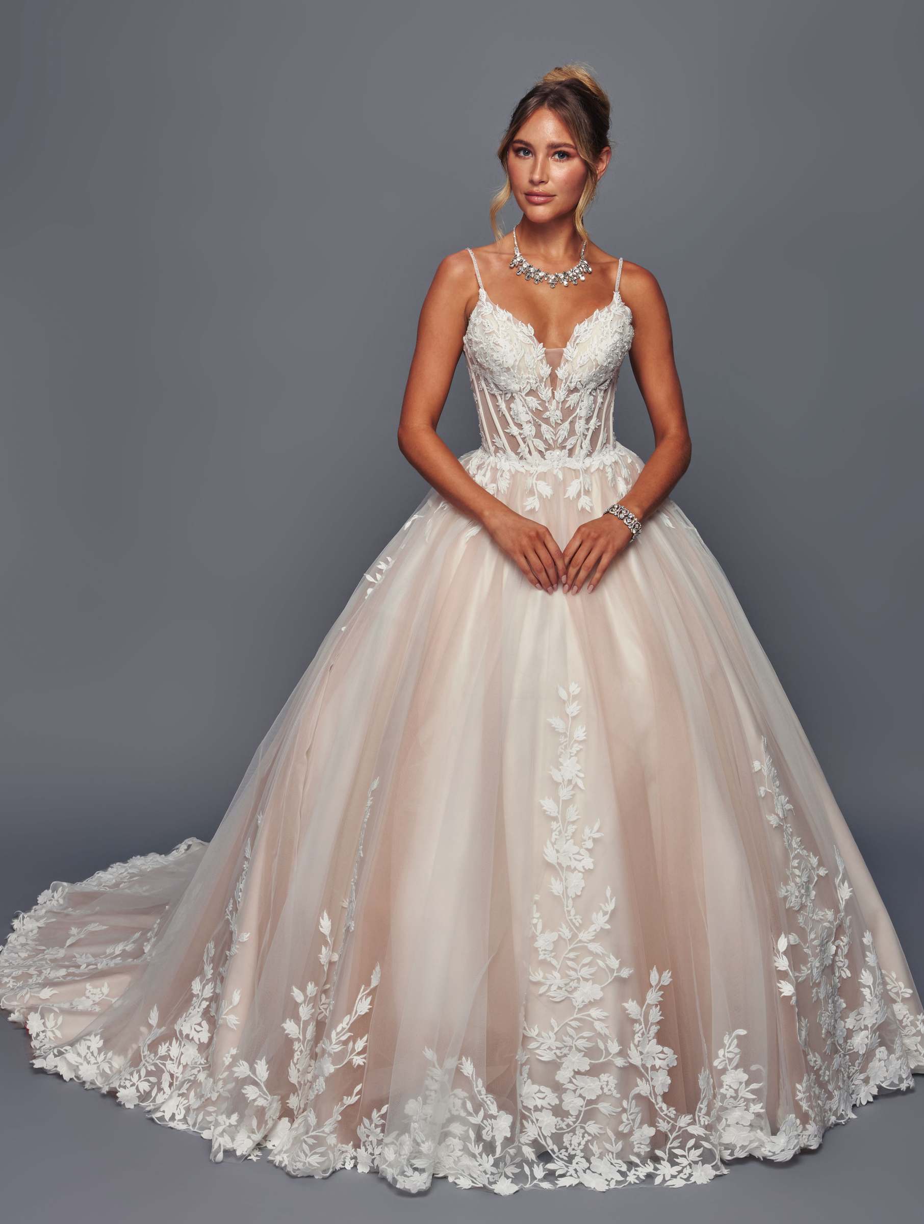 Deklaire 496 A-Line Ballgown Wedding Dress – Spaghetti Strap Gown with Chapel Train Ivory / L