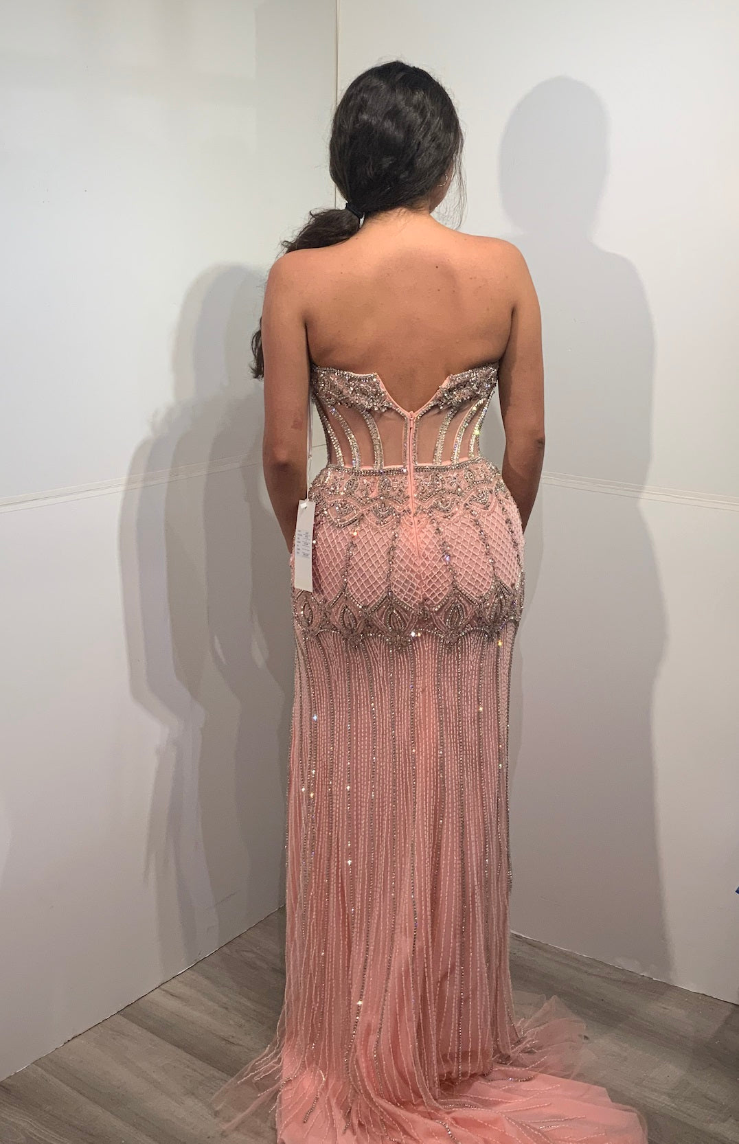 Strapless Beaded Corset Prom Dress with Sheer Boning High Slit & Train by Jovani 49735