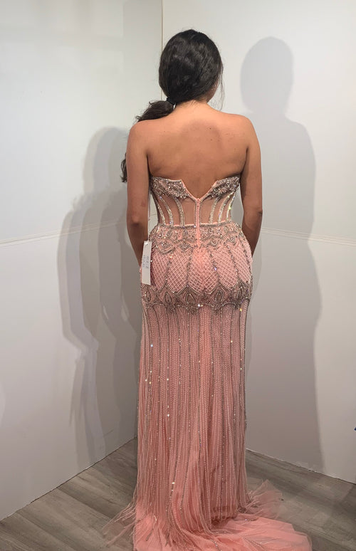 Strapless Beaded Corset Prom Dress with Sheer Boning High Slit & Train by Jovani 49735