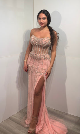 Strapless Beaded Corset Prom Dress with Sheer Boning High Slit & Train by Jovani 49735