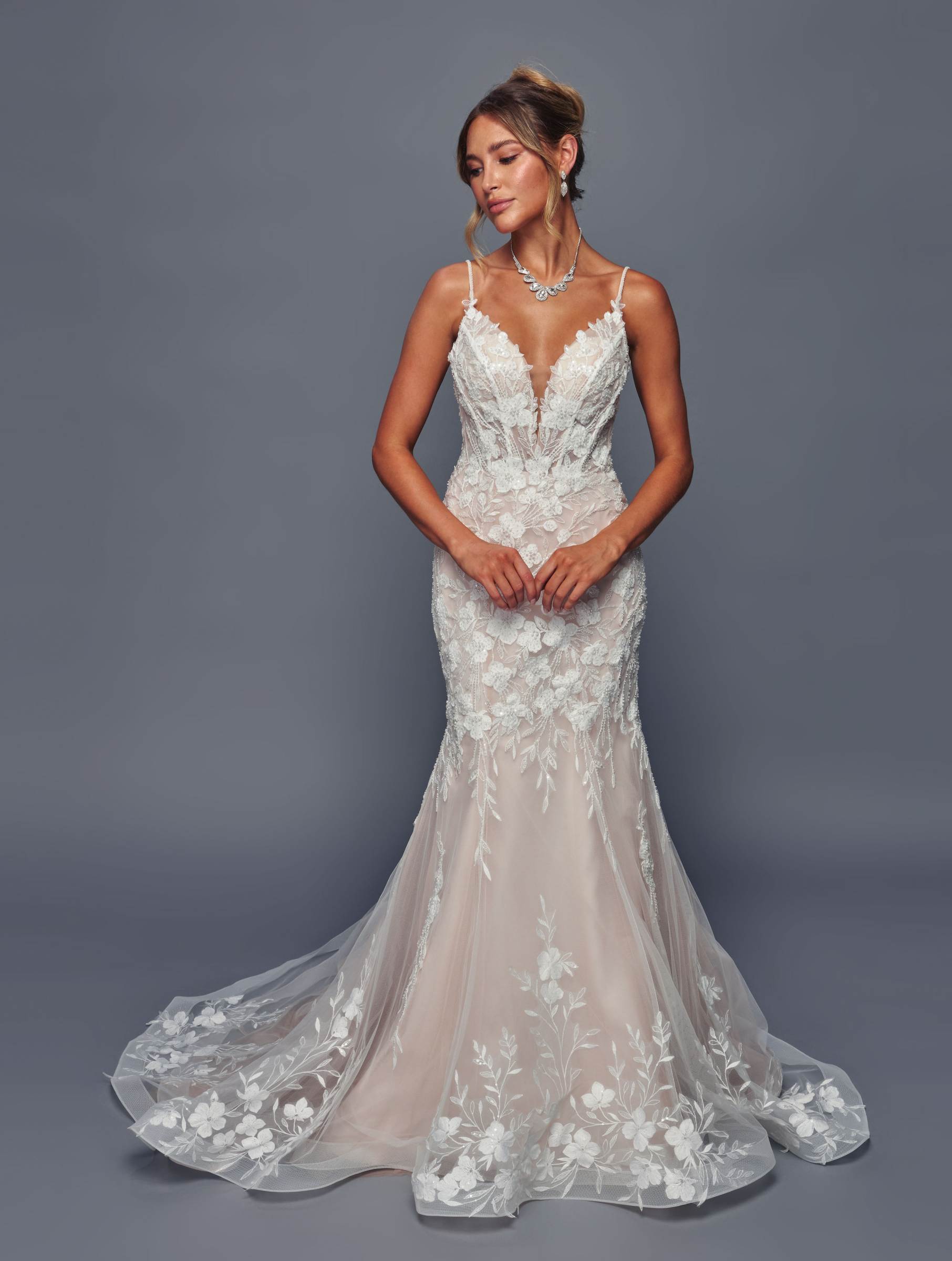 champagne trumpet wedding dress Rachel Allan RB5088 - Long Tulle, Lace, Applique, Beading Trumpet Dress