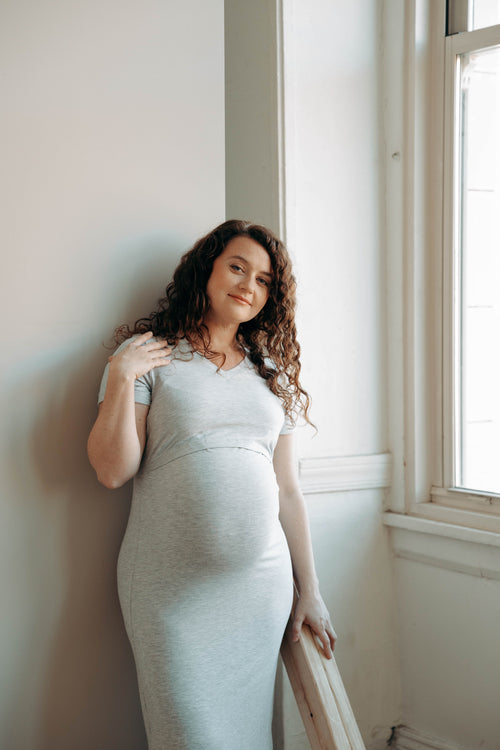 Navy Tea Length Short Sleeve Maternity Everyday Breastfeeding Dress with Panel