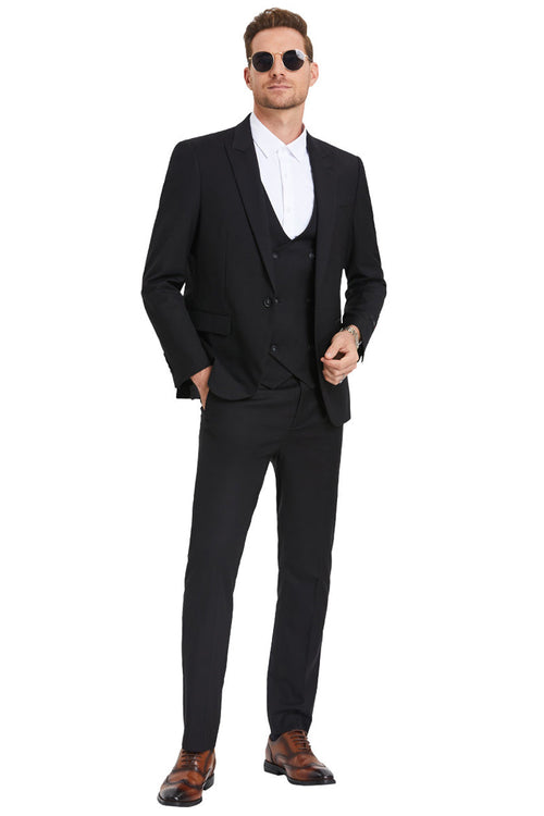 Men's Slim Fit Peak Lapel Double Breasted Vest in Black