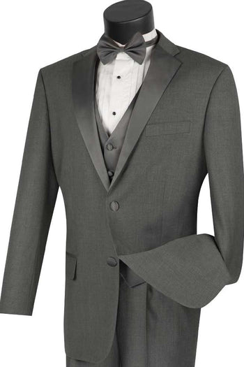 Esmoquin clásico de dos botones con chaleco para hombre en gris