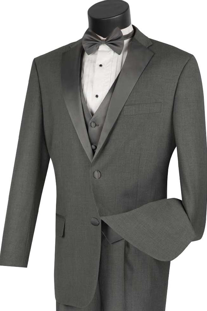 Esmoquin clásico de dos botones con chaleco para hombre en gris