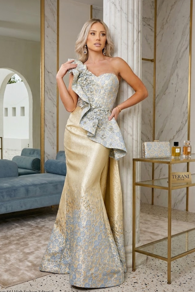 Clearance Terani Couture 241E2402 Elegant Sophisticated Evening Prom Long Formal Jacquard Dress
