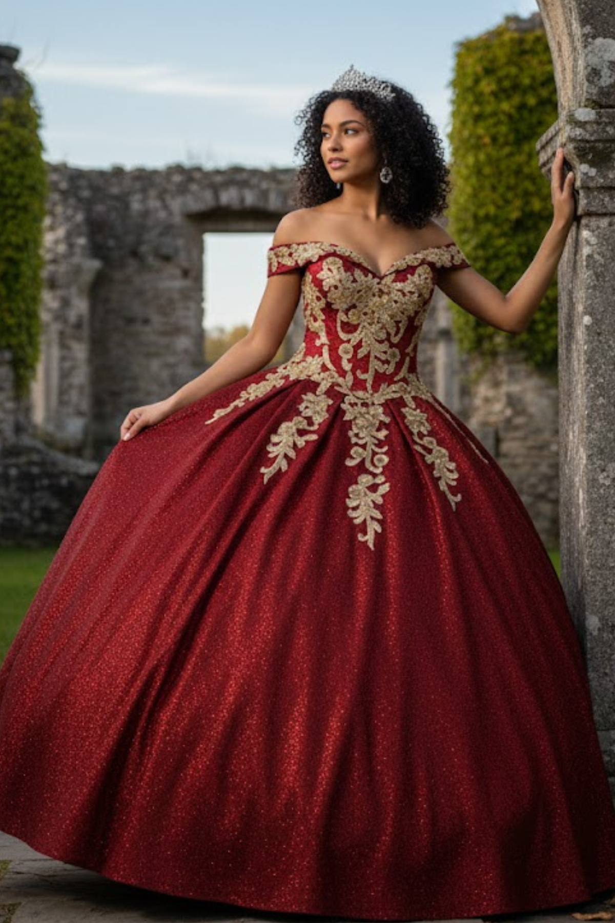 Burgundy And Gold Quinceanera Dress
