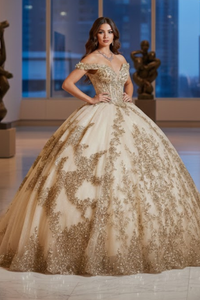Applique Off Shoulder Quinceanera Dress Corset Ball Gown with Train by Bella Princess PQ1055