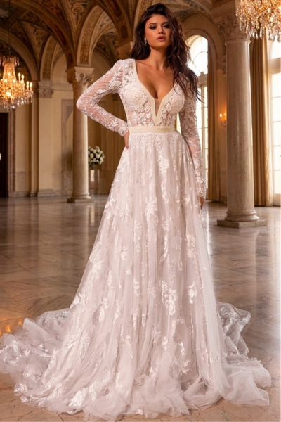 Primavera Couture 11111 Long Sleeve A-Line Wedding Dress
