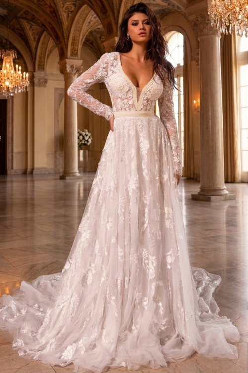 Primavera Couture 11111 Long Sleeve A-Line Wedding Dress