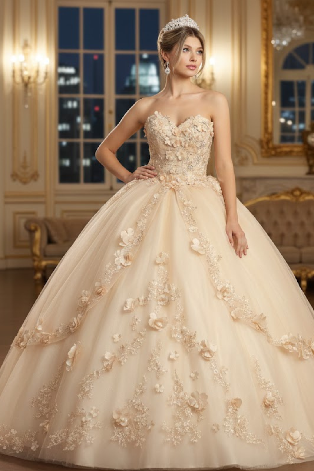 Designer Layla K Lk177 Strapless Floral Corset Quinceanera Ball Gown, Champagne