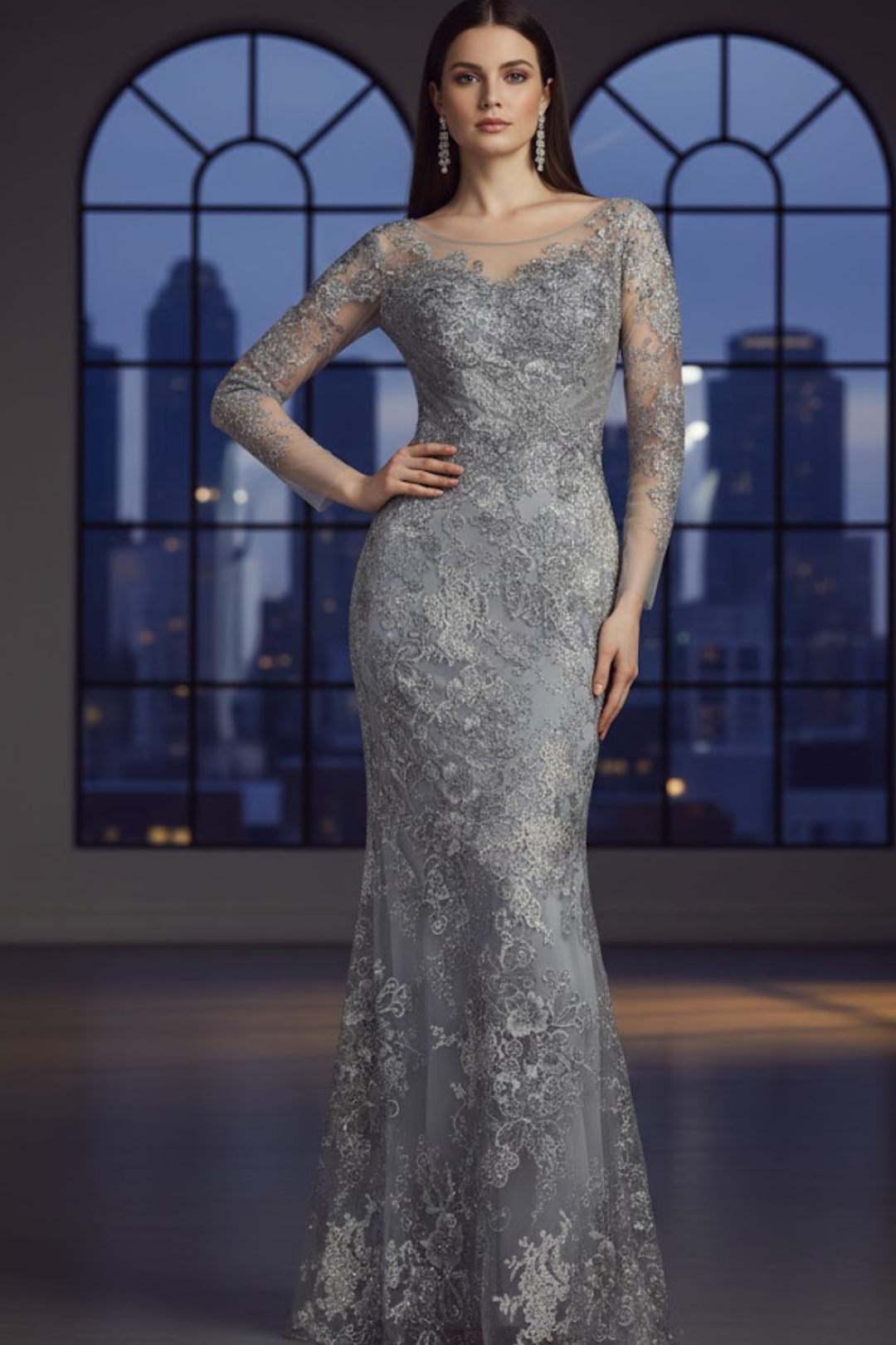 High Neck Long Sleeve Fitted Lace Gown