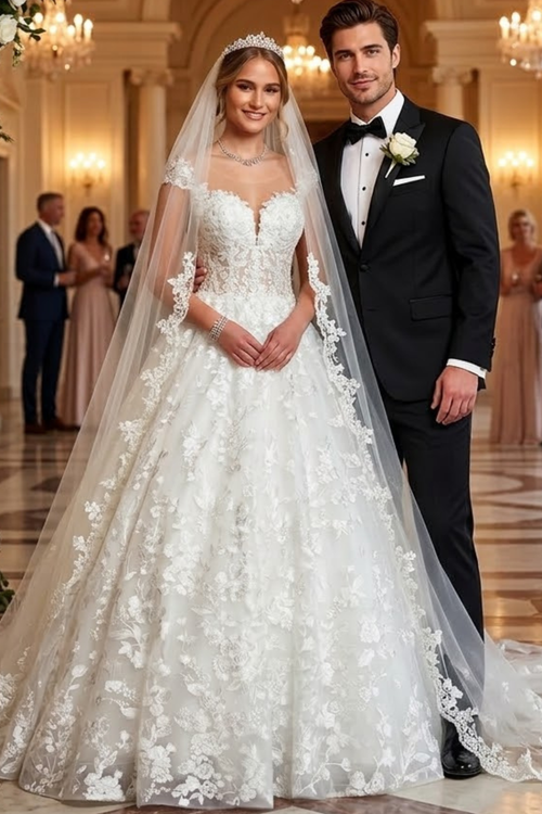 A-Line Wedding Dress with Cap Sleeves & Illusion Boat Neckline
