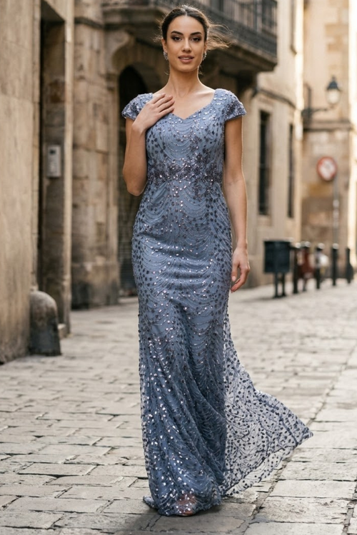 Floral Appliqued Long Mesh Formal Gown-New Collection