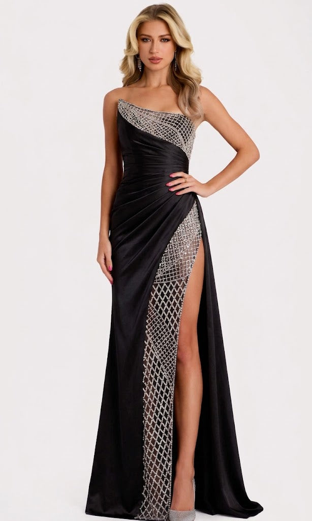 Jovani 42850 - One Shoulder Beaded Mesh Gown