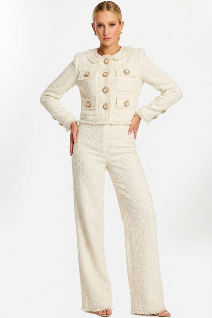 Sequin Tweed Pant Suit Embellished Jacket & Wide Leg Pants Formal Set by Jovani 45244