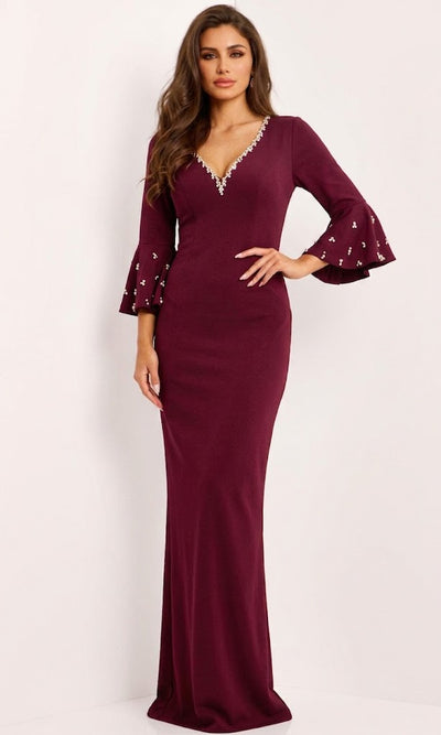 Jovani 43826 - Beaded V-Neck Bell Sleeve Gown