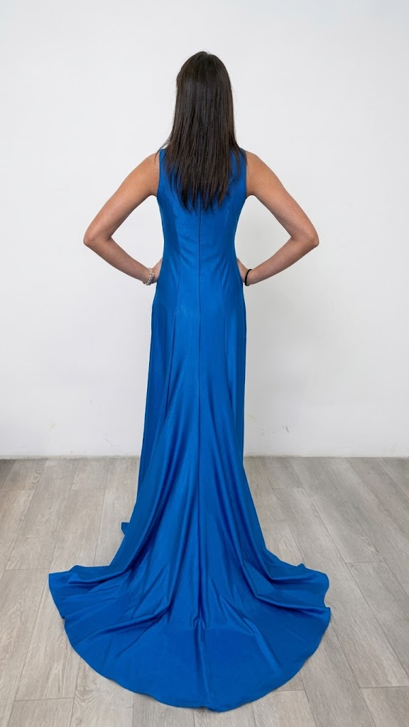 Sleeveless High Neck Cut-Out Jumpsuit with Chiffon Train Fitted Evening Outfit by Jessica Angel 863