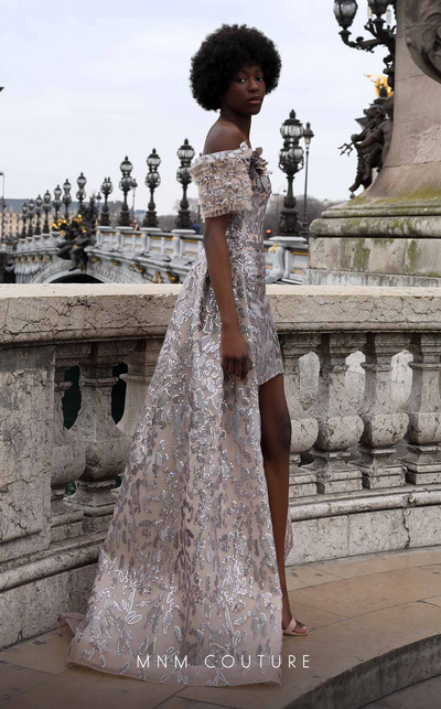 MNM Couture K4071 Off-Shoulder Glitter Gown with Detachable Overskirt